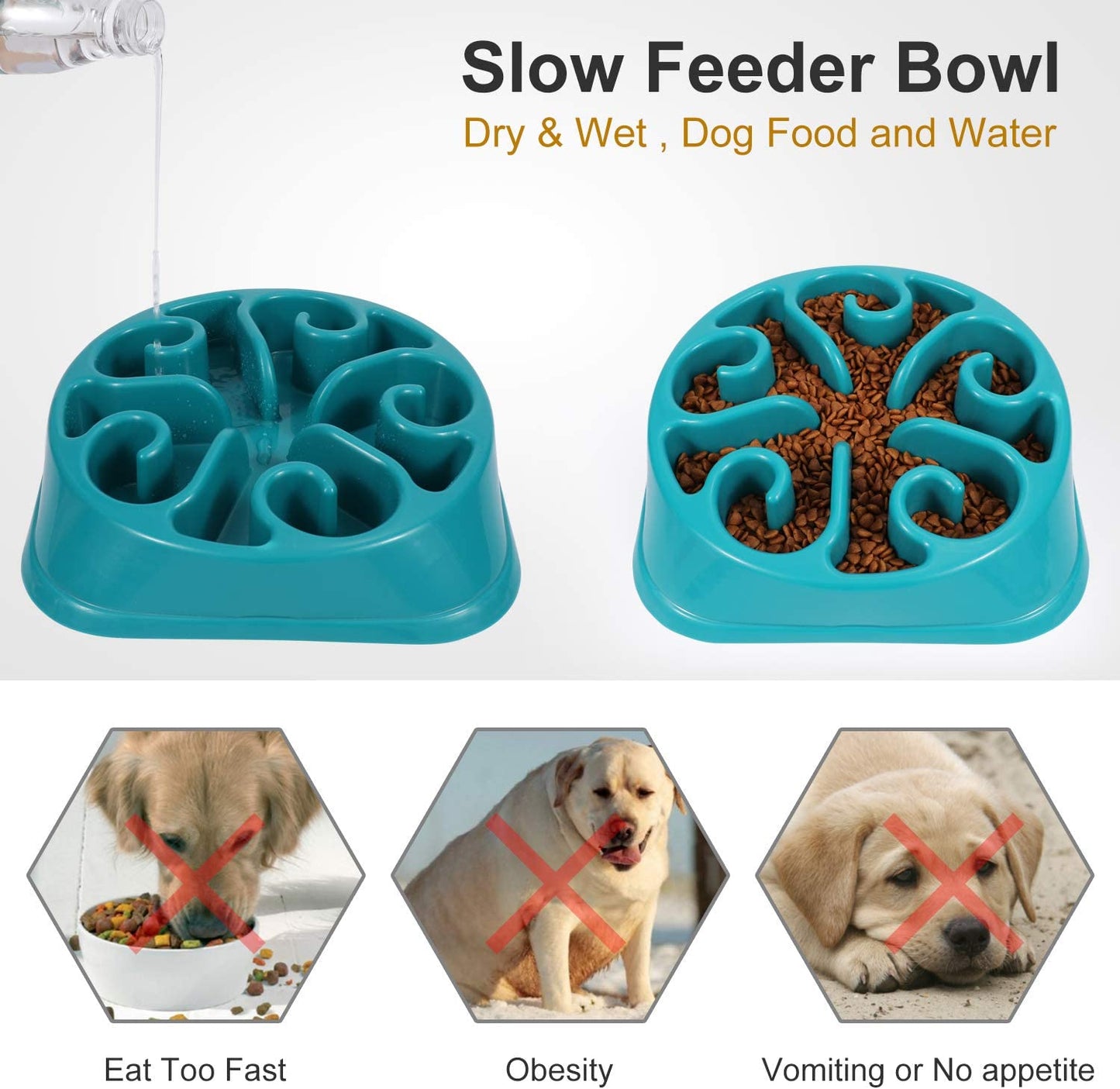 Large Dogs Bowl,Fun Slow Feeder Dog Bowl,Anti-Gulping Dog Slow Feeder Stop Bloat,Eco-Friendly Big Pet Bowl(B-Blue)